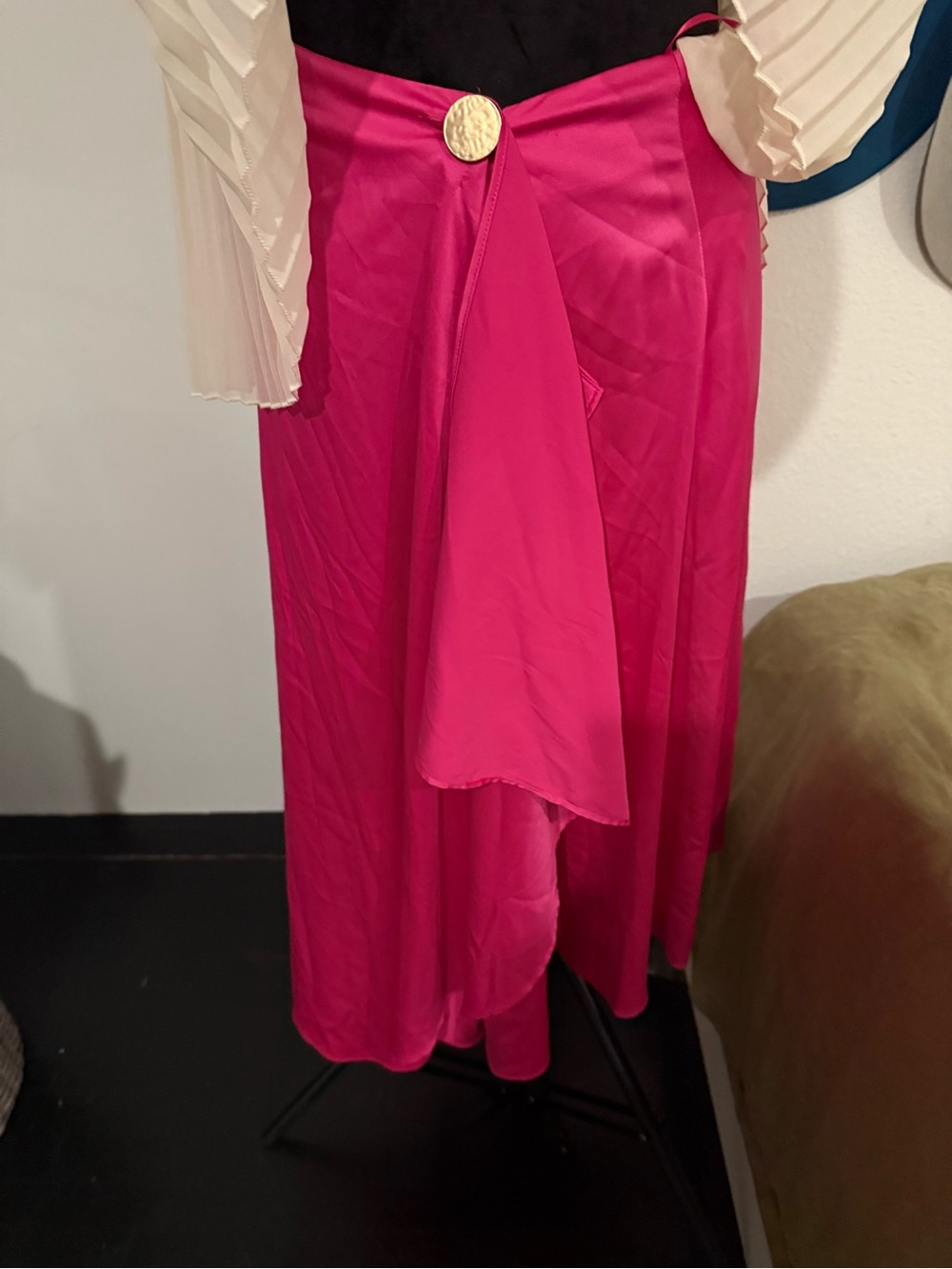 Fuchsia High-Low Midi Skirt with Draped Front and Gold Button